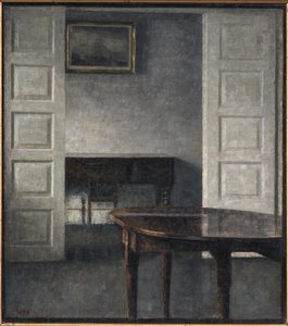 Living Room. The Double Doors Are Open to a Room Behind with a Closed Piano by Vilhelm Hammershøi