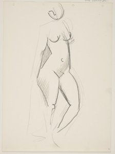 Standing nude woman, facing right, drapery in hand