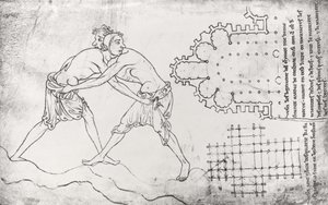 Two Wrestlers, Plan of a Cistercian Church and Plan of the Choir of Notre-Dame de Cambrai (facsimile copy) by Villard de Honnecourt