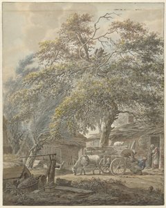 Farmyard with Two Men Loading a Cradle onto a Horse Cart
