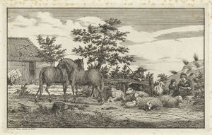 Shepherd with Seated Woman and Children by Sheep and Two Horses