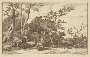 Seated Shepherd with Livestock in Front of a Dilapidated Barn