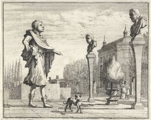 Man by Two Herms in Formal Garden