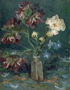 Bottle with Peonies and Blue Delphiniums by Vincent van Gogh
