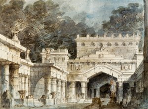 Set design for fifth scene of Norma, opera by Vincenzo Bellini, performed at La Fenice Theatre in Venice by Vincenzo Bellini