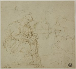 Sketches of Virgin and Child, Seated Figure, and Landscape