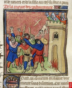 (detail) of a miniature of the Third Crusade of Pastoureaux. Jews throwing their children from a tower by Virgil Master