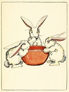 Flopsy, Mopsy, and Cotton-Tail had bread and milk and blackberries for dinner, from The Tale of Peter Rabbit, pub. 1916