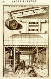 Horse-driven hydraulic pulley mechanism for moving goods between land and water, 1607 by Vittorio Zonca
