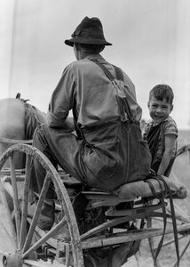 Farmer and smiling boy ride on the seat of a horse-drawn buggy in West Virginia