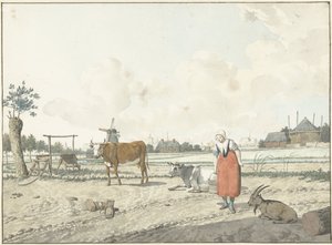 Landscape with Peasant Woman and Cattle by W. Barthautz