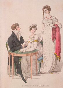 Two women and a man wearing full evening dress