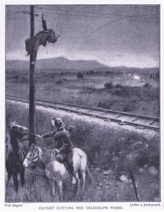 Caught cutting the wires (illustration from After Pretoria: The Guerilla War, 1902) by Wal Paget