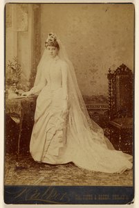 Unidentified Woman in Wedding Gown, Standing by Walker