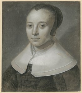 Bust portrait of a young woman facing half-left, with a black gauze cap and a broad smooth collar by Wallerant Vaillant