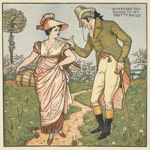 My Pretty Maid. A gentleman talking to a young woman. by Walter Crane