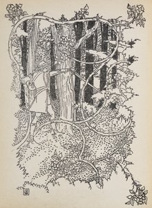 Prince Charming cuts his way through the overgrown forest to Sleeping Beauty by Walter Crane