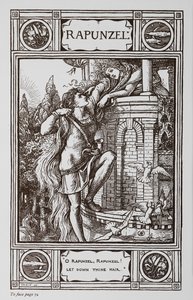 Rapunzel leans out of the window of a tower while a prince climbs up her hair by Walter Crane