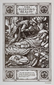 Sleeping Beauty Lies Asleep Surrounded by a Sleeping Dog and a Musical Instrument While Prince Charming Watches Over Her. by Walter Crane