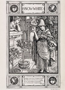 Snow White and the witch tending her apple - in Household Stories from the collection of the Bros Grimm, translated from German by Lucy Crane by Walter Crane