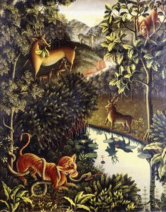 Tierfabel: Tiger and Snake in Combat in a Primeval Forest by Walter Spies