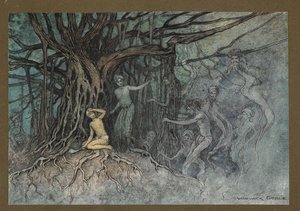 Plate 19: The moment the first stroke was given, a great many ghosts rushed towards the Brahman, from Folk-Tales of Bengal by Warwick Goble