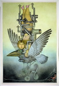 Balancing Girl on Mechanical Bird on Tightrope