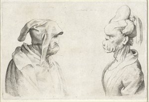 Deformed Heads of a Man with a Loose Cap and a Woman with Tied Hair (Varie figurae et probae series) (Caricatures, Heads and Deformations after Leonardo da Vinci series) by Wenceslaus Hollar (attributed to)