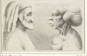 Deformed Caricature Heads of a Man with Cap (Dante?) and Woman by Wenceslaus Hollar