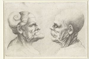 Deformed Heads of a Bald Man and Woman with Horns on Their Heads by Wenceslaus Hollar