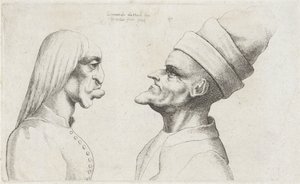 Deformed Heads of a Woman with Straight Hair and a Man with a Double-Brimmed Hat, Caricatures, Heads and Deformations after Leonardo da Vinci (series title) by Wenceslaus Hollar