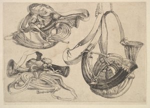 Seven Hunting Horns in Three Groupings, 1625-77 by Wenceslaus Hollar
