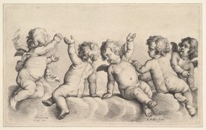 Three Cherubs and Two Boys on Clouds by Wenceslaus Hollar