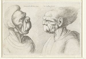 Two Deformed Heads Caricatures, Heads and Deformations after Leonardo da Vinci (series title) by Wenceslaus Hollar