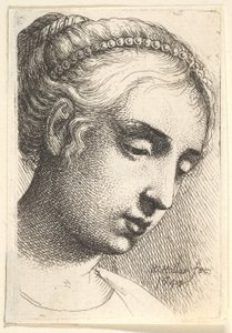 Woman with String of Pearls in Her Hair Looking Downwards to Right