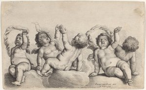 Three Cherubs and Two Boys Each Raising One Arm on Clouds by Wenceslaus Hollar, after Peeter van Avont