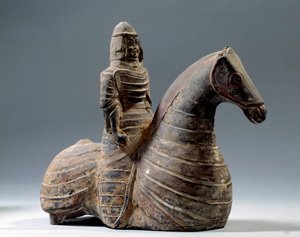 Chinese Art: Statuette of Horseman in Armor (206 BC-220 AD), Han Period. Paris, Musee Cernuschi by Western Han Dynasty Chinese School
