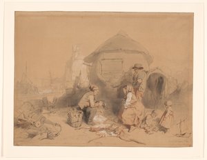 Conversation on the Beach by a Boat Converted into a Dwelling