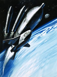 The space shuttle at the moment it sheds two of its rocket engines by Wilf (20th century) Hardy