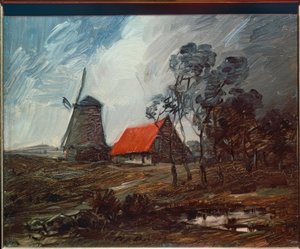 Autumn Landscape with Windmill and Red House