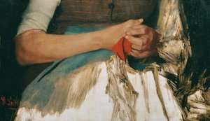 Two Hands with Red Cloth on Blue Apron by Wilhelm Maria Hubertus Leibl