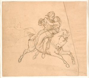 The Abduction. Riding Couple, Castle or Fortress in the Background by Wilhelm Marstrand