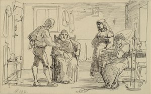 Interior Where a Young Man Explains Something to a Seated Monk, Right a Crying Girl and Old Woman by Wilhelm Marstrand