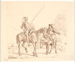 Sancho on the donkey explaining something to Don Quixote