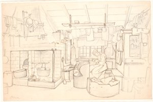 Swedish Farmhouse with Sewing Woman by Wilhelm Marstrand