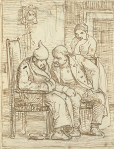 Two Men in Conversation, the Old Man on the Left with a Nightcap. Also a Woman by Wilhelm Marstrand