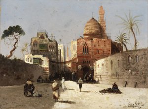 Oriental Street Scene with Mosque, Minaret, and Merchants on a Forecourt by Wilhelm Sohn
