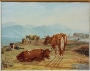 Grazing Cows in Front of a Mountain Landscape