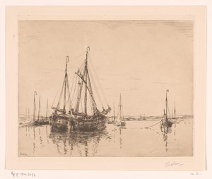 Harbor with Moored Two-Master (Harbor, Norderney) by Willem Bastiaan Tholen (signed by artist)