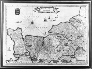 Map of Normandy after an illustration from Theatrum Orbis Terrarum sive Atlas Novus by Willem and Joan Blaeu, plate representing Normandia Ducatus